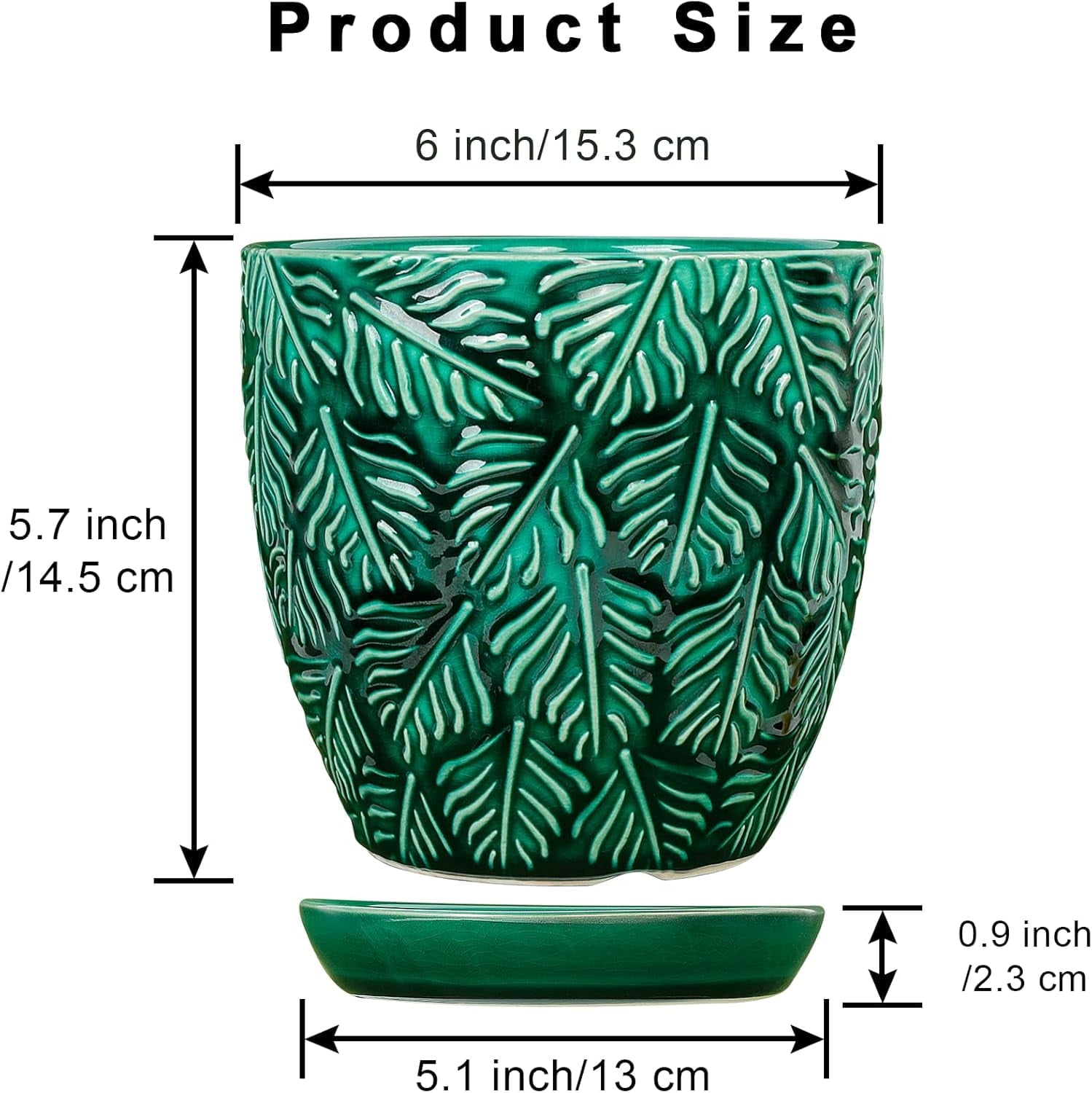BUYMAX Ceramic Plant Pots, 6 inch Indoor Plant pots with Drainage Hole and Saucer, Flower Pots, Set of 2, Leaf Embossed - Green Glaze