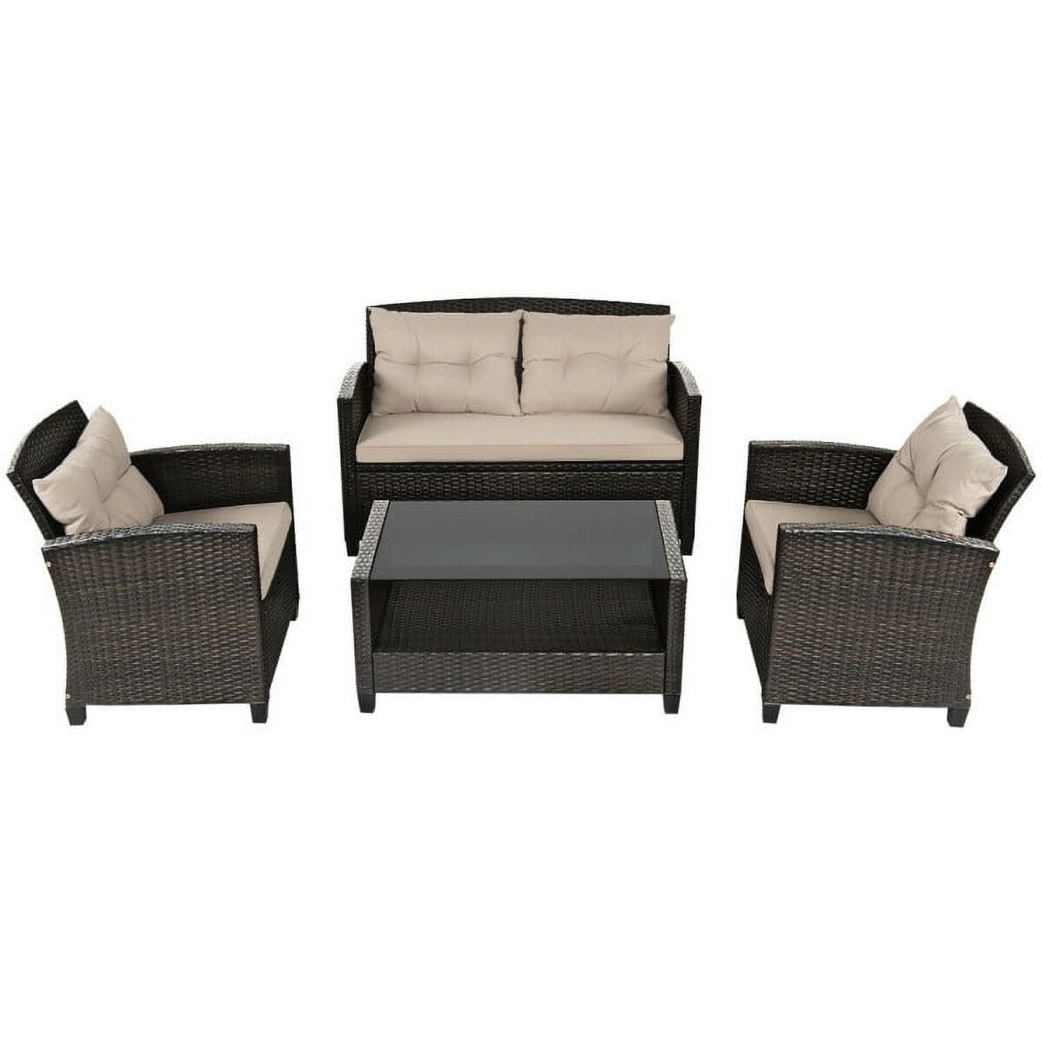 Aimee Lii 4 Pieces Outdoor Rattan Wicker Loveseat Furniture Set with Glass Table, Small Patio Set, Khaki Aimee Lii 4 Pieces Outdoor Rattan Wicker Loveseat Furniture Set with Glass Table, Small Patio Set, Khaki