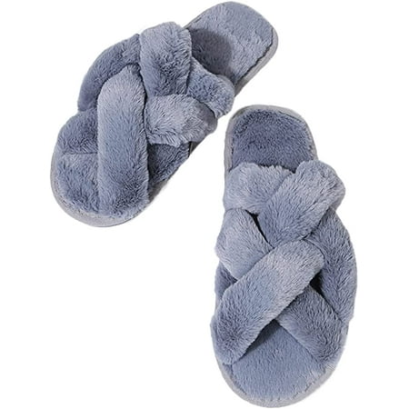 

PIKADINGNIS Women s Open Toe Fluffy Slippers Cross Band Soft Plush Furry Cozy Slip On House Shoes Indoor Outdoor Warm Comfy