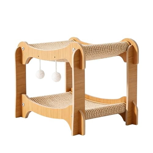 Double-Decker Cat Bed, 2-Tier Wooden Pet Cats Scratcher Lounge with Hanging Ball Toys, Natural Sisal Hammock Bed for Indoor