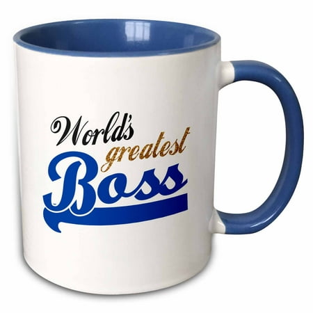 3dRose Worlds Greatest Boss - Best work boss ever - blue and gold text on white - fun office gifts - Two Tone Blue Mug, (Best Birthday Gift For Boss)