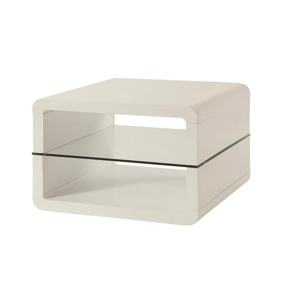 Modern 2-Shelf End Table - White Cube Design with Glass Shelf - Living Room Accent Table