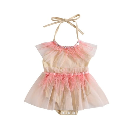 

Jkerther Newborn Infant Baby Girls Princess Dress Jumpsuit Halter Neck Backless Feather Tulle Panel A-Line Dress Tutu Casual Birthday Wear