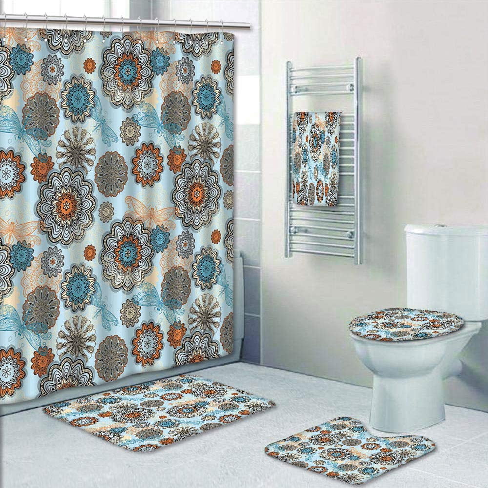 Color drawing dragonfly Shower Curtain Toilet Cover Rug Bath Mat Contour Rug Set