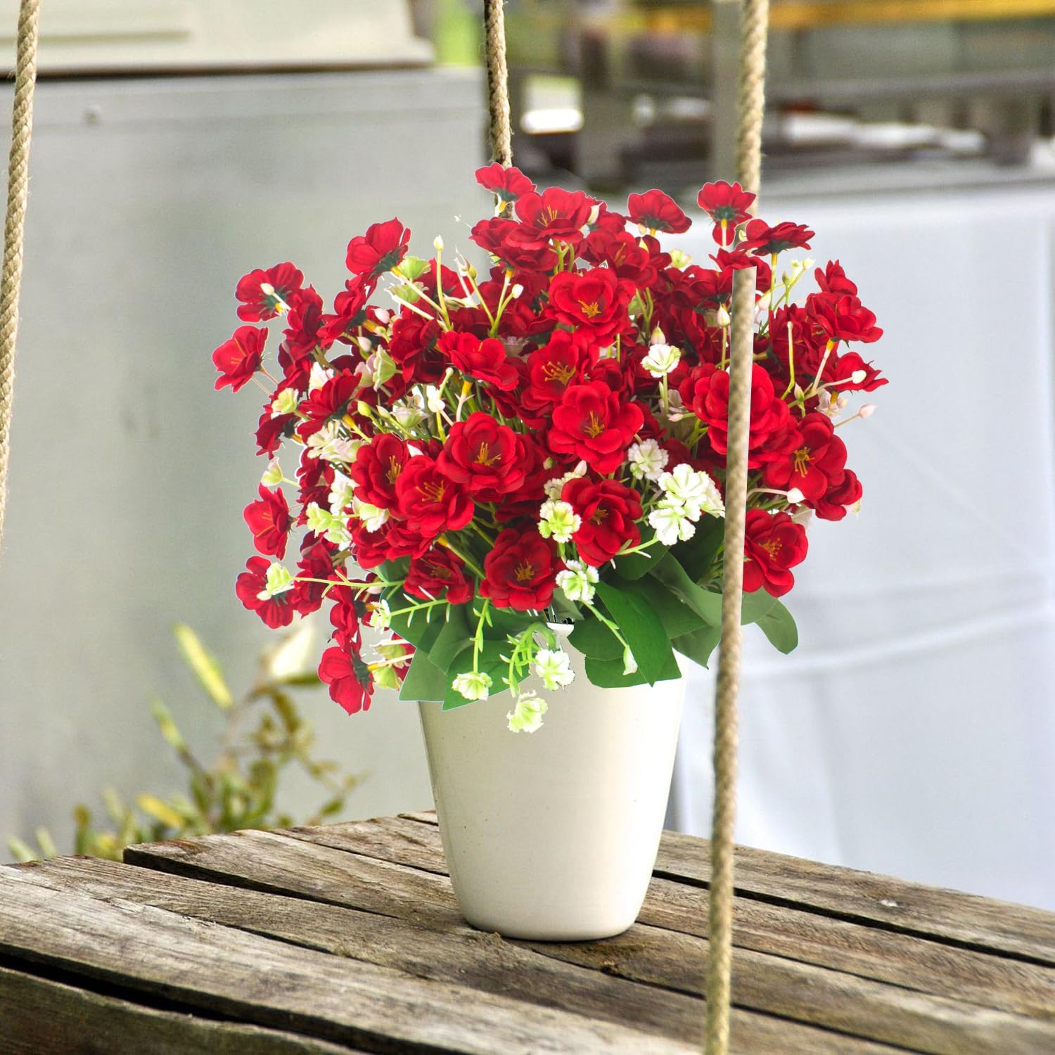10 Bundle Artificial Flowers, UV Resistant Faux Outdoor Flowers, Fake Plastic Flowers for Cemetery Decoration Home Kitchen Bedroom Wedding Party Decor (Red)