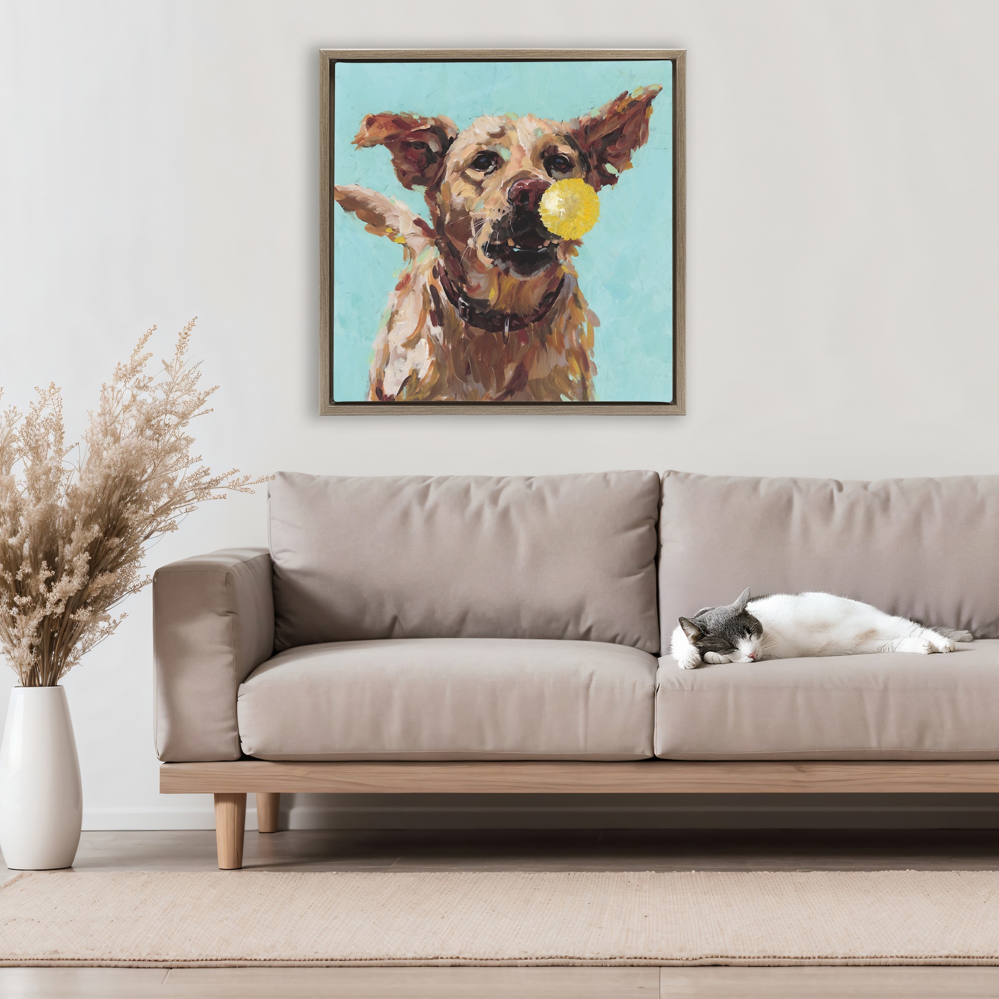 Dog Playing with Ball Brown Framed Floater Canvas Wall Art, design by Studio Bautista