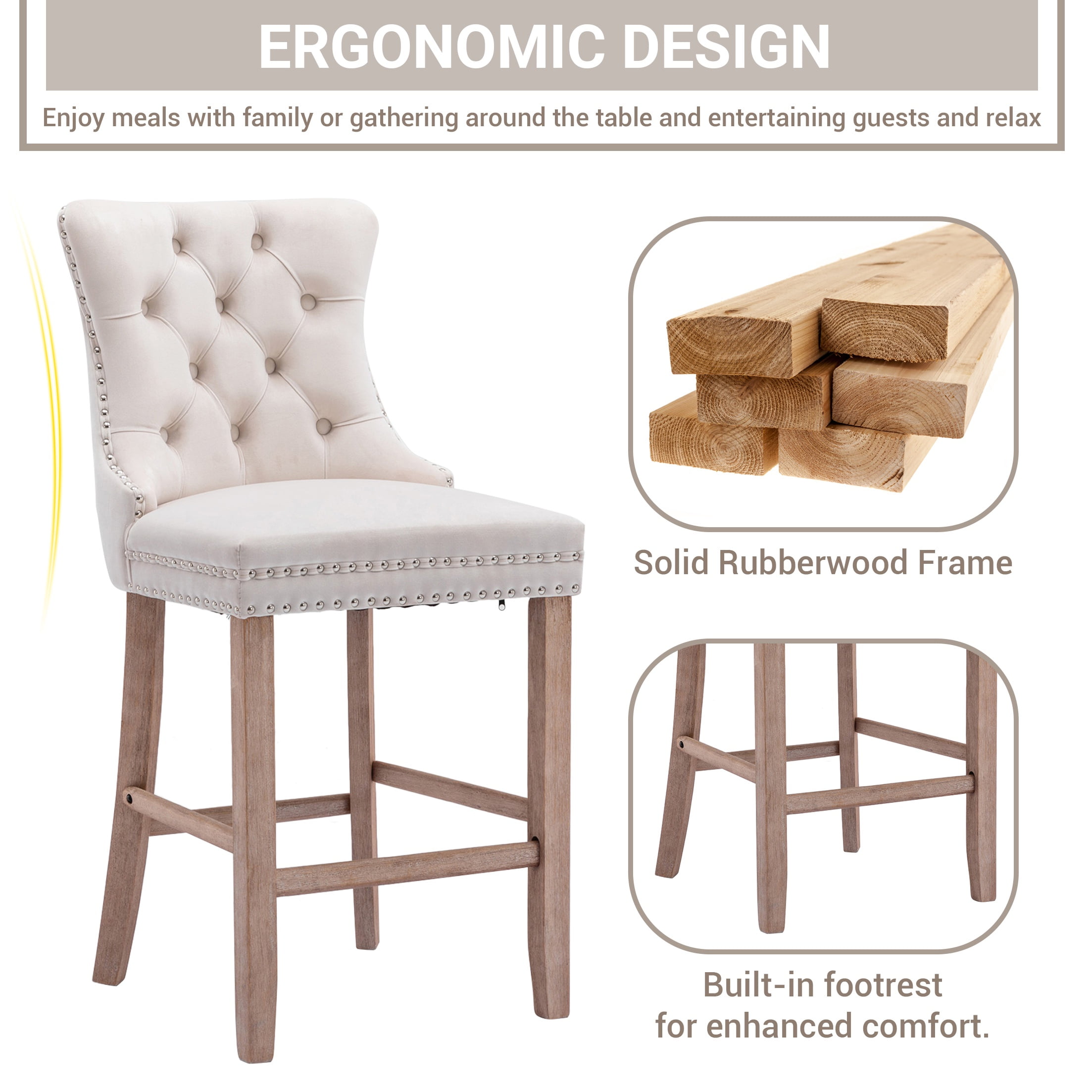 Bar Stools Set of 4, PAPROOS Velvet Bar Stool with Back, Solid Wood Frame & Nailhead Trim, Counter Height Bar Chair Button Tufted Upholstered Seat, Full Back Bar Stools, Beige