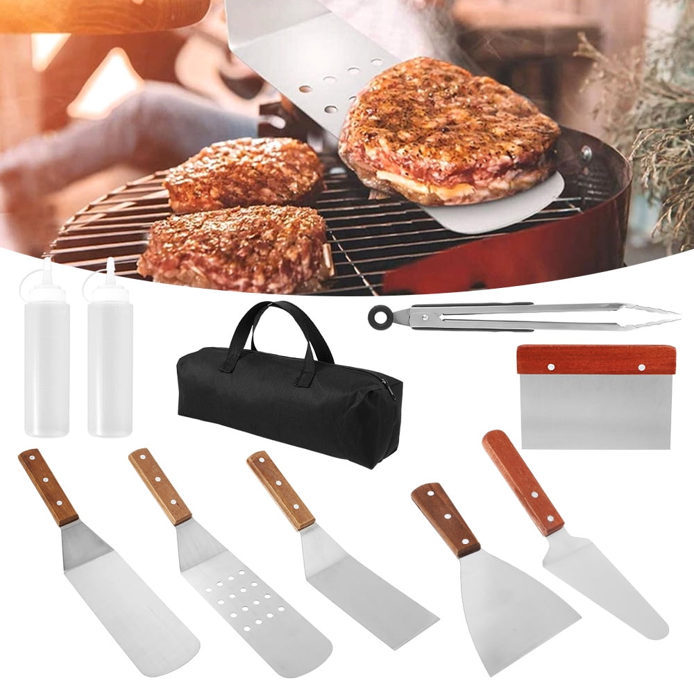 Heavy Duty Stainless Steel griddle spatula sets with heat resistant plastic handle for flat top Tailgating Teppanyaki Grill grilljoy 9pcs Restaurant Grade Griddle Accessories with gift wrapping box 