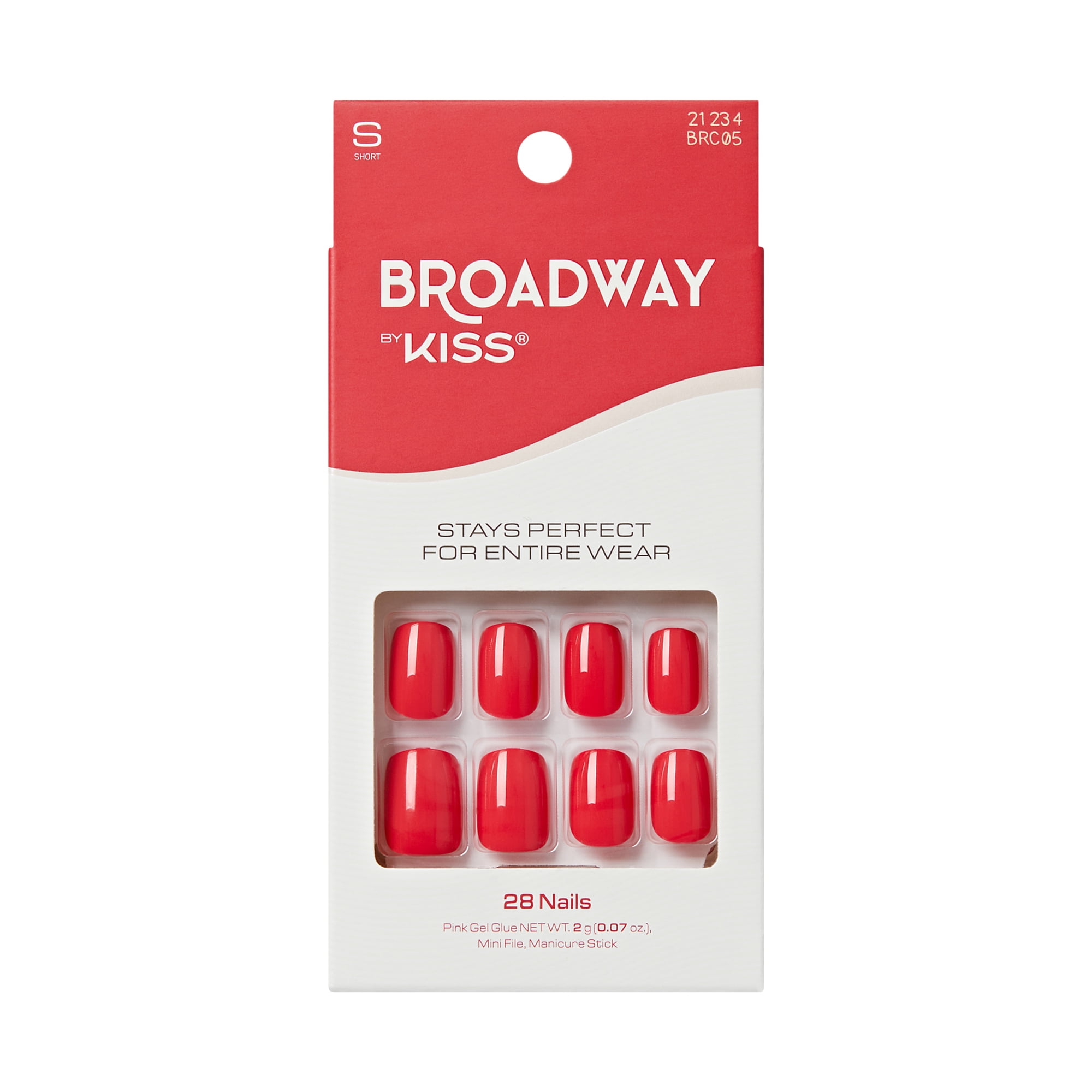 Broadway by Kiss Color Press On Nails, ‘Truthful’, Red, Short Squoval, 28 Count