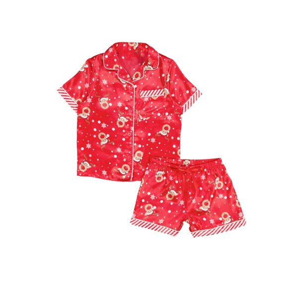 Womens Christmas Pajamas Set Satin Silk Loungewear Short Sleeve Button