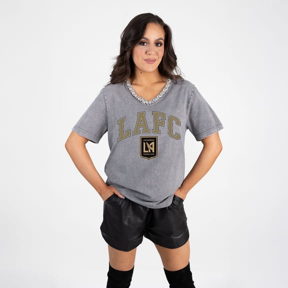 Women's Gameday Couture  Gray LAFC Relaxed Iconic Edge Rhinestone V-Neck T-Shirt