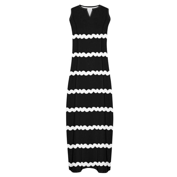 Striped Tank Dress for Women Summer Casual Beach Sleeveless V Neck Maxi  Long Dress with 2 Pockets Sundress (X-Large, Black) - Walmart Business  Supplies