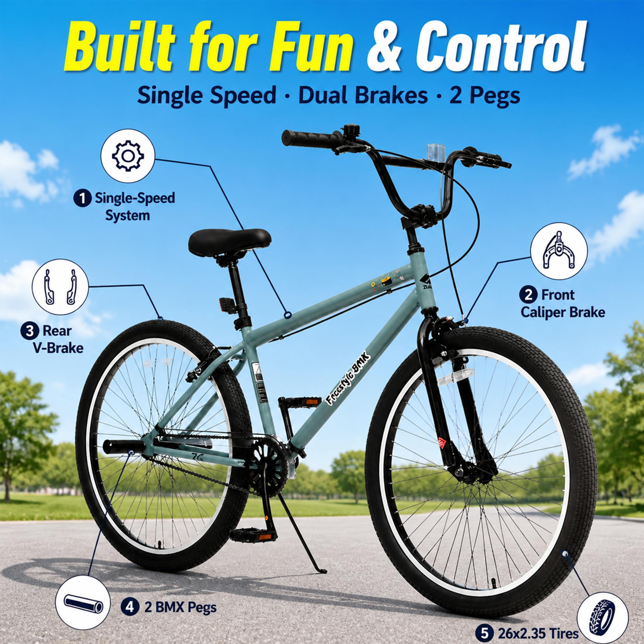 26 Inch Freestyle Bike for Teens and Adults, Single-Speed BMX Style Bicycle with 2 Pegs and High-Performance 2.35" Tires, Carbon Steel Frame Mountain Bike for Boys and Girls Ages 14+, Blue