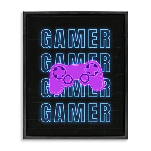 Stupell Industries Neon Gamer Words Typography Painting Black Floater Framed Art Print Wall Art, 17 x 21