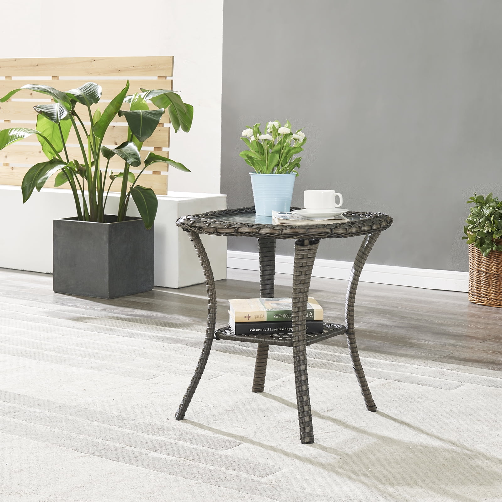OPOHORO Outdoor Wicker Side Table,22x20x20 inch All Weather Rattan Small Patio Table Square End Table for Pool Balcony Deck Porch Lawn Backyard, Gray