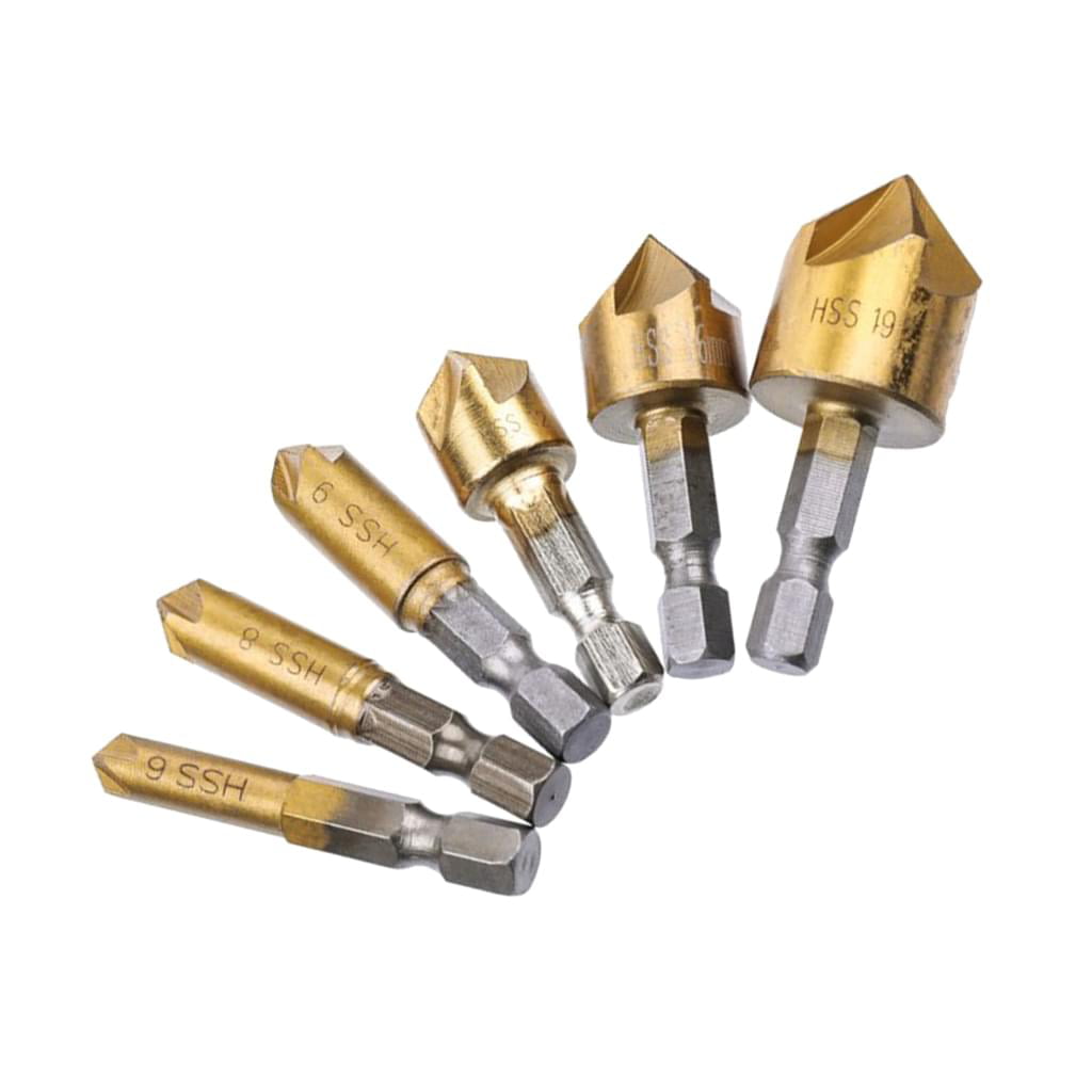 Five Flutes Design Professional 90 Degree 6pcs Countersink Chamfer Tool 6mm-19mm 1/4 Hex Shank Wood for Woodworking Wood Drill Bits 