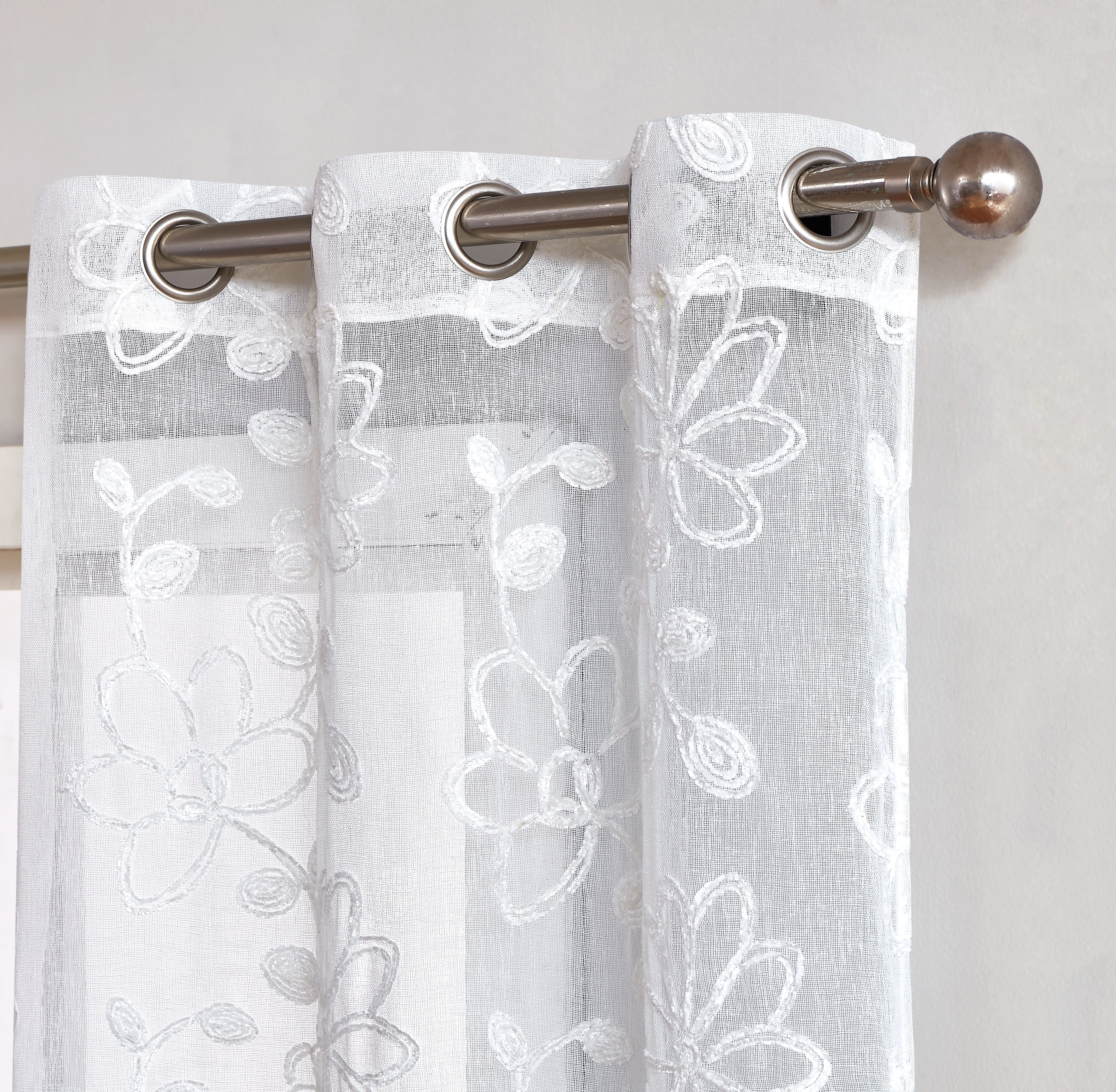 Dainty Home Rita 3D Floral Chenille Embroidered Solid Sheer Linen Look 76" x 84" Window Curtain Panel Pair in White