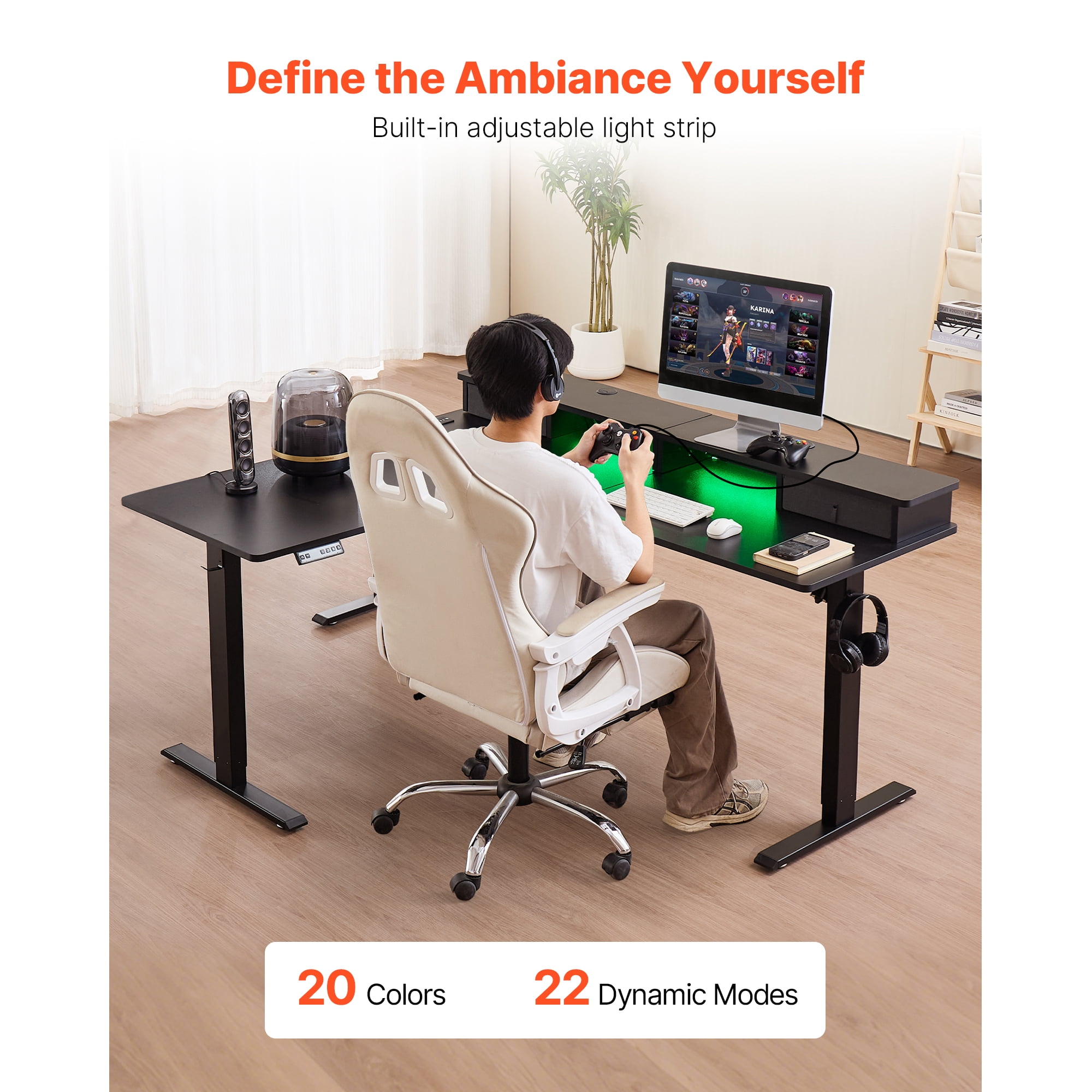 KFFKFF L-Shaped Electric Height Adjustable Desk, Corner Gaming Desk with CPU Stand, Dual Hooks, Fabric Drawers, and Light Strip, Computer Table for Home Office, Easy Assembly, Black