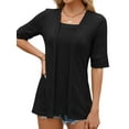 thumbnail image 4 of SLADYGLO Women Wheat Textured Square Neck Splice Half Sleeve Fake Two-piece Top, 4 of 7