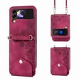 thumbnail image 1 of ELEHOLD for Samsung Galaxy Z Flip3 5G Shoulder Crossbody Wallet Case with Card Slots, Floral Embossed PU Leather Wallet Flip Protective Kickstand Wrist Strap Cover, winered, 1 of 1