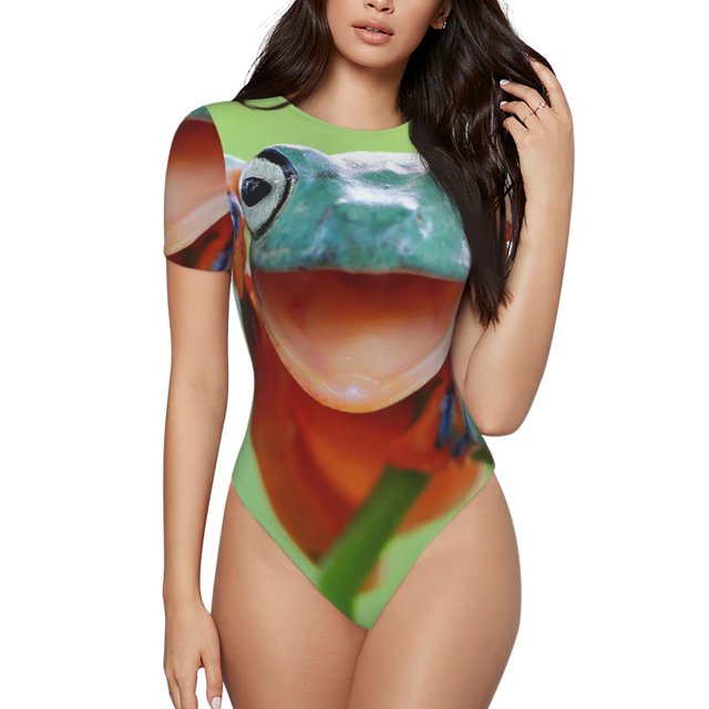 Bingfone Flying Frog On Branch Pattern Women's Round Neck Bodysuit, Tight Snap Button Short Sleeve Bodysuit, Suitable for Party, Sports, Daily Wear-Medium