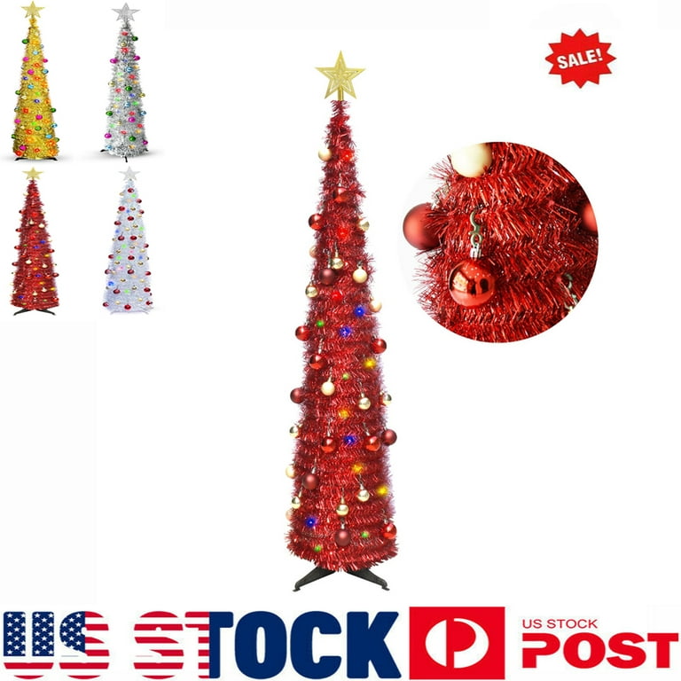 5 Ft Tinsel Prelit Christmas Tree Pop Up with Timer Color Lights Star  Sequins Battery Operated Artificial Pencil Slim Xmas Tree for Home Party  Indoor Outdoor Christmas Decoration 