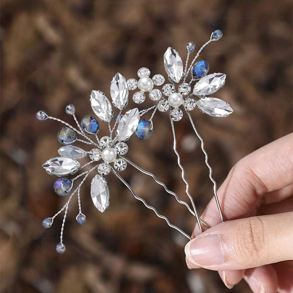 Jeairts Horquillas para el pelo con diamantes de imitación de flores, piezas para el pelo de novia, tocados, cuentas azules, tocado de boda, vestido de pelo, accesorios para el cabello de cristal para