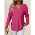 thumbnail image 4 of Womens Tops Waffle Knit Long Sleeve Notched V Neck Shirts Casual Trendy Solid Color Loose Blouses Rose Red XL, 4 of 7