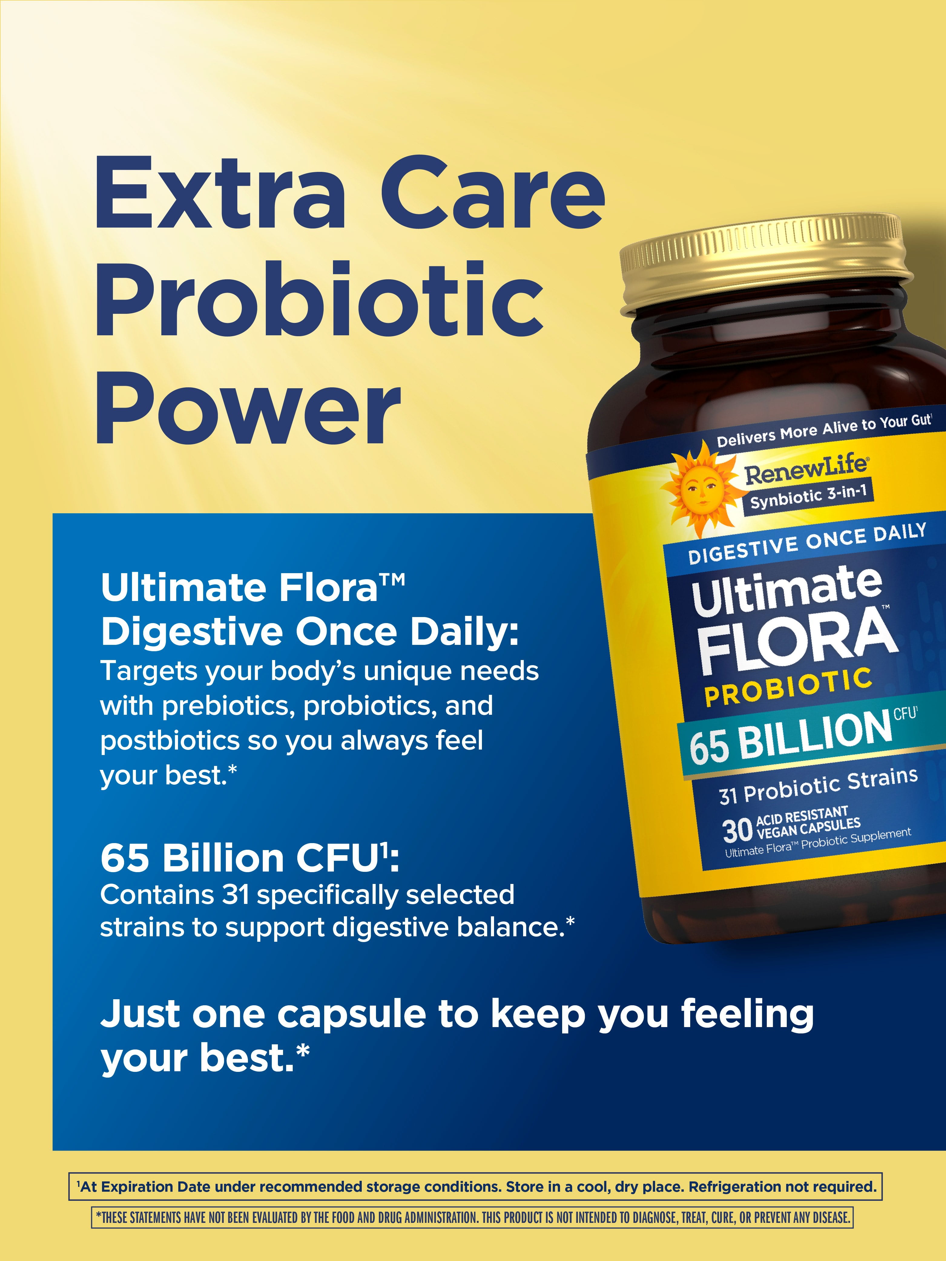 Digestive Ultimate Flora Probiotics | 65 Billion CFU | 30 Delayed Release Vegan Capsules | by Renew Life
