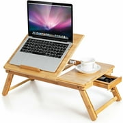 Jadeshay Portable Liftable Bamboo Laptop Desk, Adjustable Computer Bed Tray with Drawer and Foldable Legs for Writing, Eating, Reading, Lap Desk