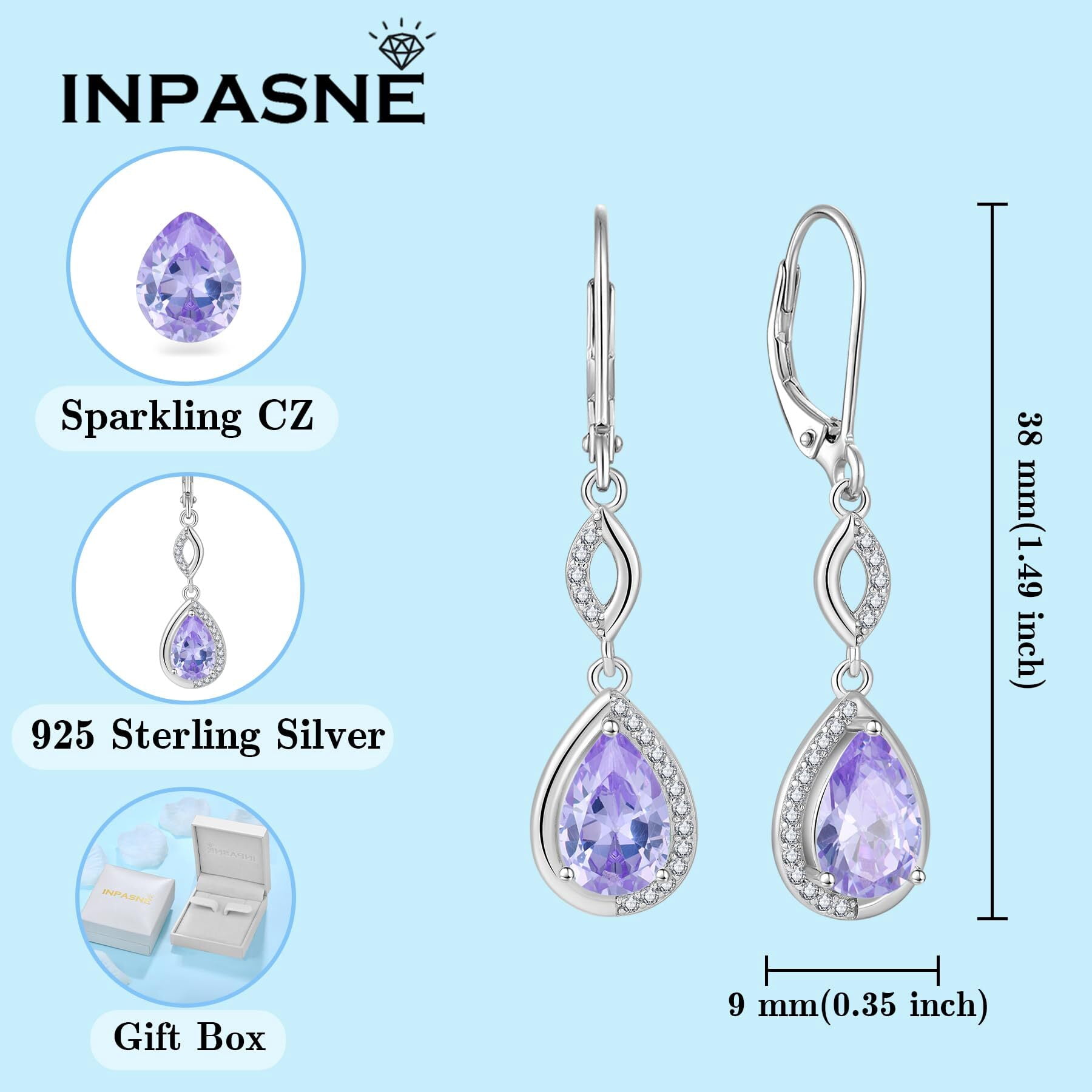 Inpasne Teardrop Dangle Drop Earrings for Women 925 Sterling Silver Leverback Alexandrite Earrings June Birthstone Jewelry Gifts for Mom Her Wife Girlfriend
