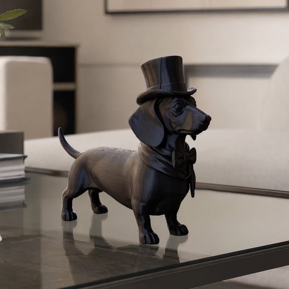 KGJQ 3D Printed Gentleman Dachshund Figurine, Elegant Dog Sculpture Desktop Ornament, Solid Matte Black Art Statue for Home Office Decor Gift