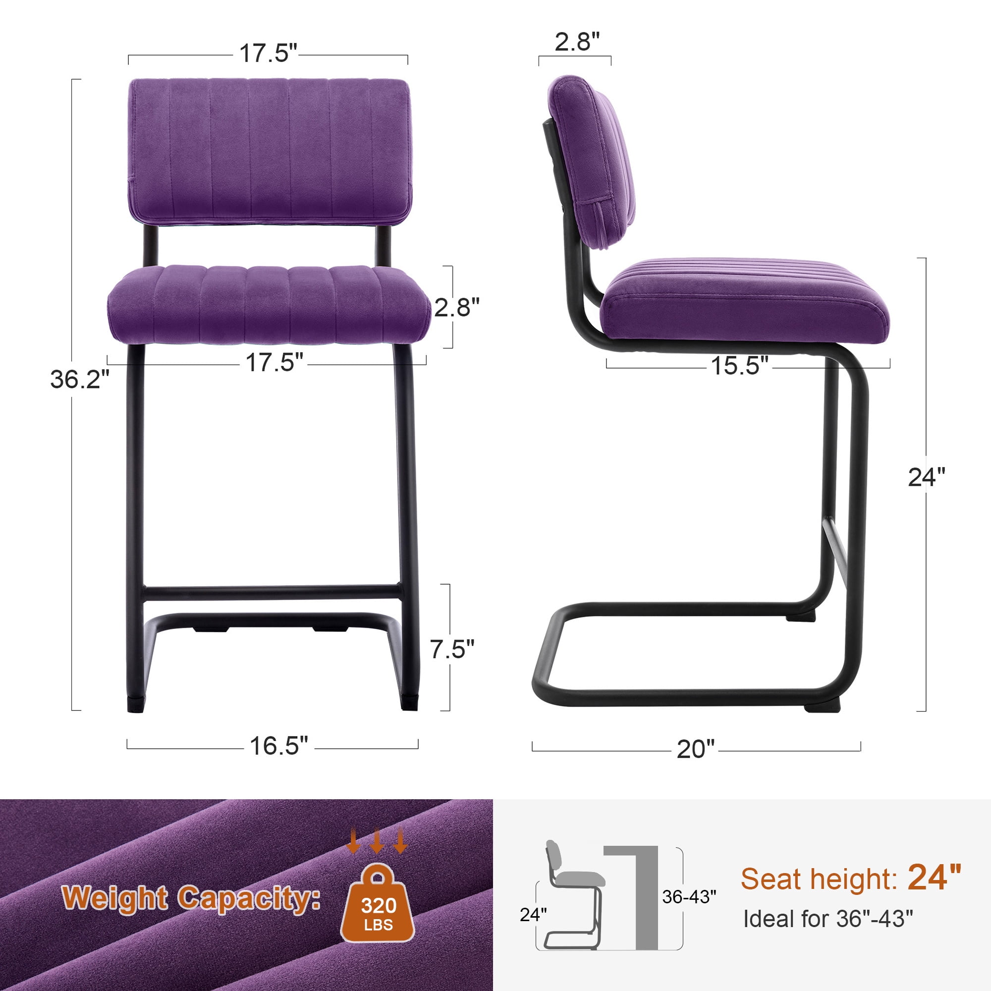 ONEVOG 24''H Counter Height Bar Stools Set of 2, Morden Counter Barstools with Velvet and Black Metal Legs, Upholstered Bar Stool for Kitchen Island, Purple