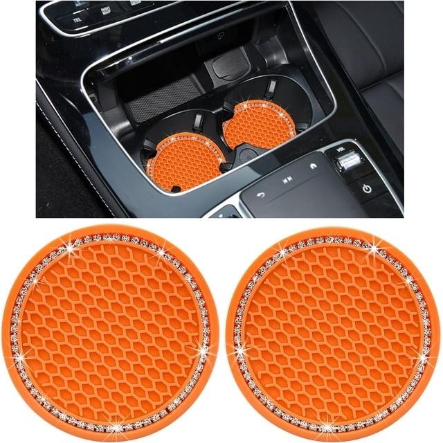 Yazoeia 2 Pack Bling Car Cup Coaster, 2.75 Inch Rhinestone Silicone Auto Cup Holder Insert Coaster, Anti Slip Crystal Soft Rubber Cup Pad, Universal Vehicle Accessories for Women (Orange)