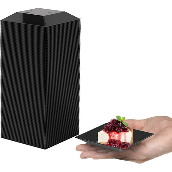 Crown Display Mini Disposable Appetizer Plates - 100 Pack 2.95" x 2.95" Black Plastic Dessert Plates