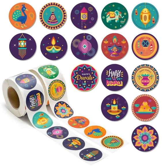 1000Pcs Diwali Stickers for Party Decorations, 12 Design Style Stickers with Lighted Signs, 3.8cm