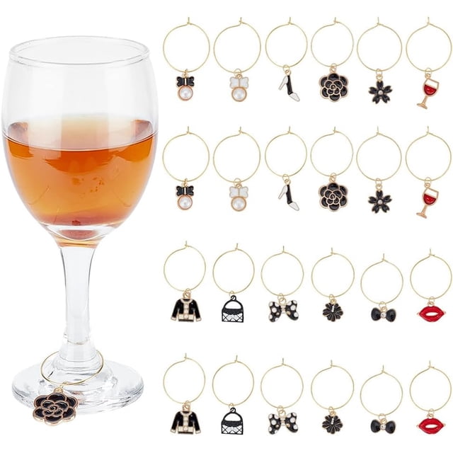24 marcadores de copas de vino esmaltados con forma de lazo floral. Anillos para identificar copas y vasos, ideales para catas de vino y fiestas.