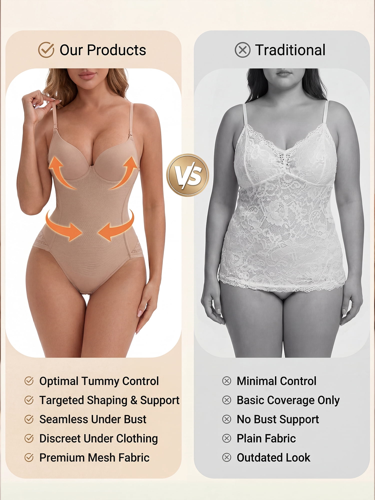 DARING DIVA Women's Body Shaper Tummy Control Back Hook V Neck Sleeveless Tops M Beige