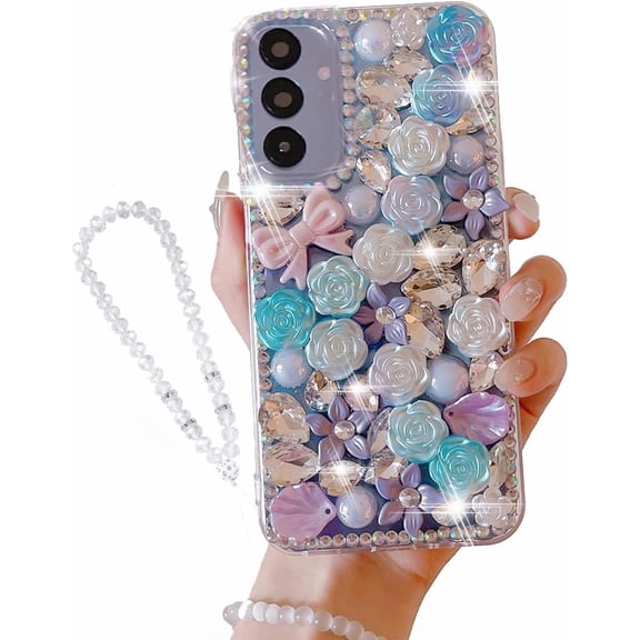 AuroiCYY for Samsung Galaxy A15 Bling Diamond Case with Lanyard, Sparkly 3D Fower & Bowknot Bling Crystal Diamond Woman Girly Phone Case Clear Soft Back Cover   Wrist Strap for Galaxy A15 (Purple)