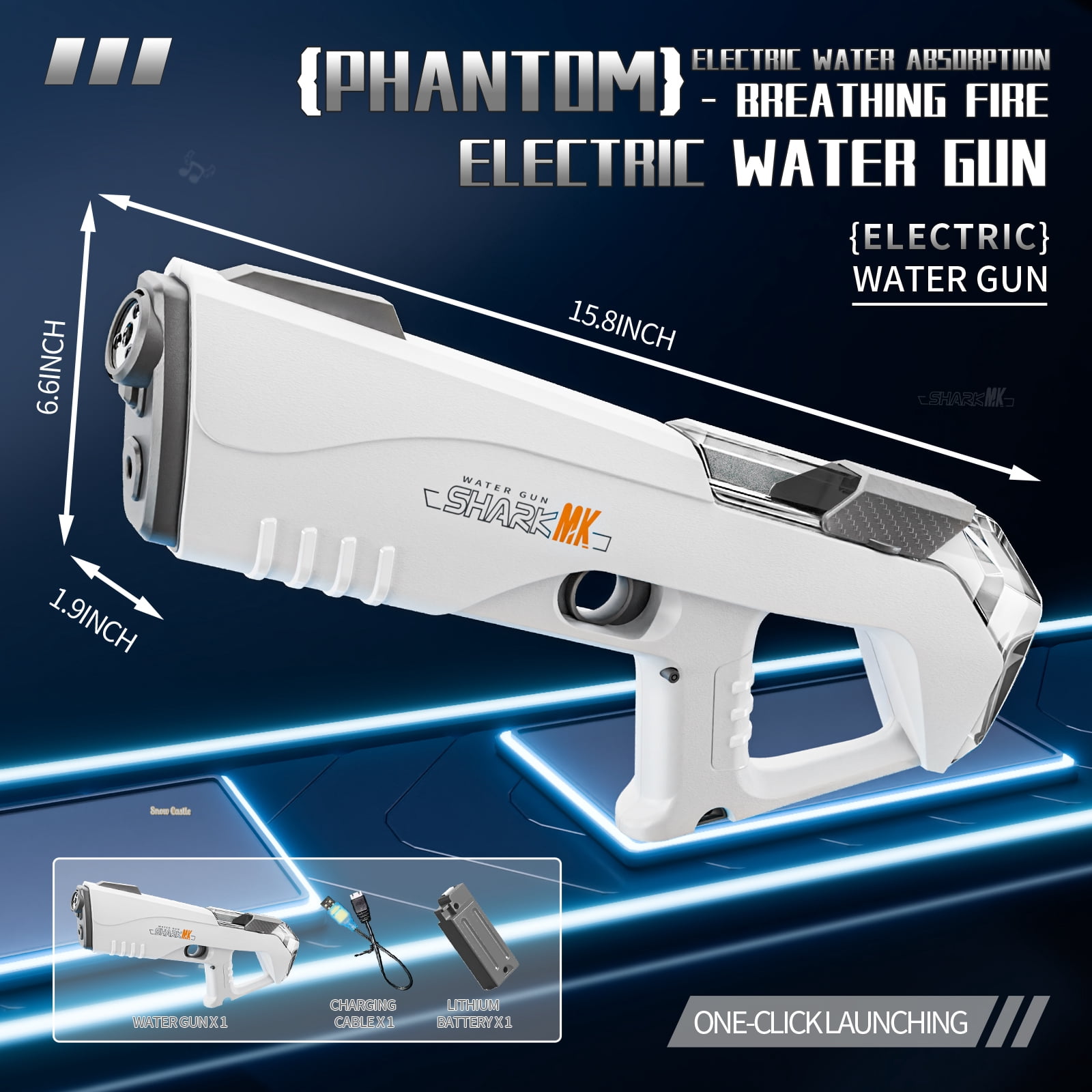 Ultimate Phantom Electric Water Gun: 32-Ft Range, Battery-Powered, Water Tank & LED Lights. Perfect for summer, beach, pool & garden fun. For kids 3+. Great water park gift（Grey）