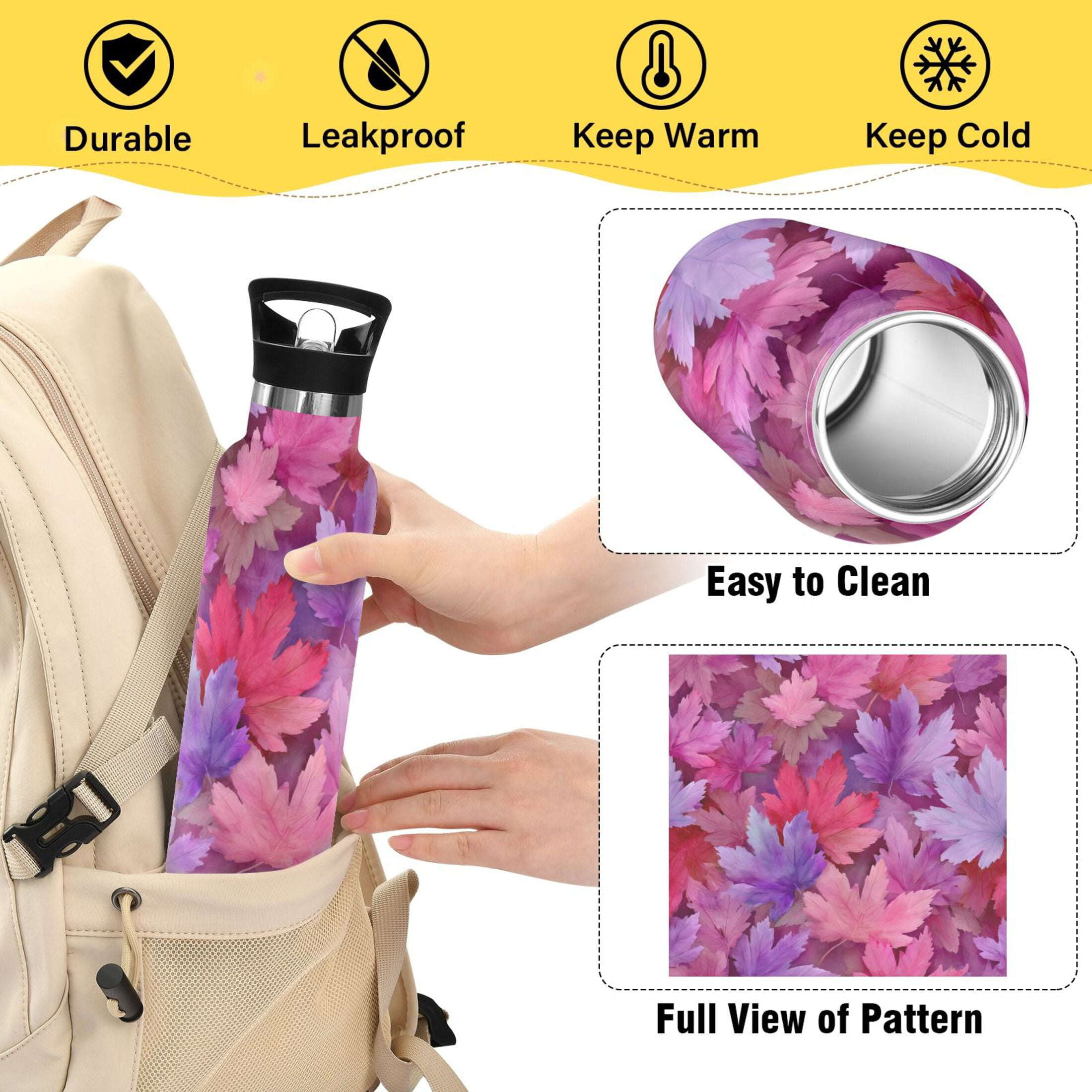 600ML Stainless Steel Insulated Cup Sports Water Bottle Portable Thermos Cup Water Glasses Insulated Tumblers Convenient and Durable Beautiful Purple Maple Leaves