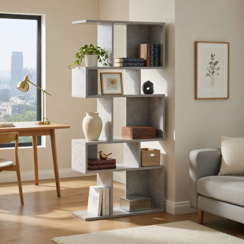 Topcobe 5 Cubes Ladder Shelf Corner Bookshelf Display Rack Bookcase, Tall Bookshelf Modern Book Case for Books, CDs, Movies, Gray