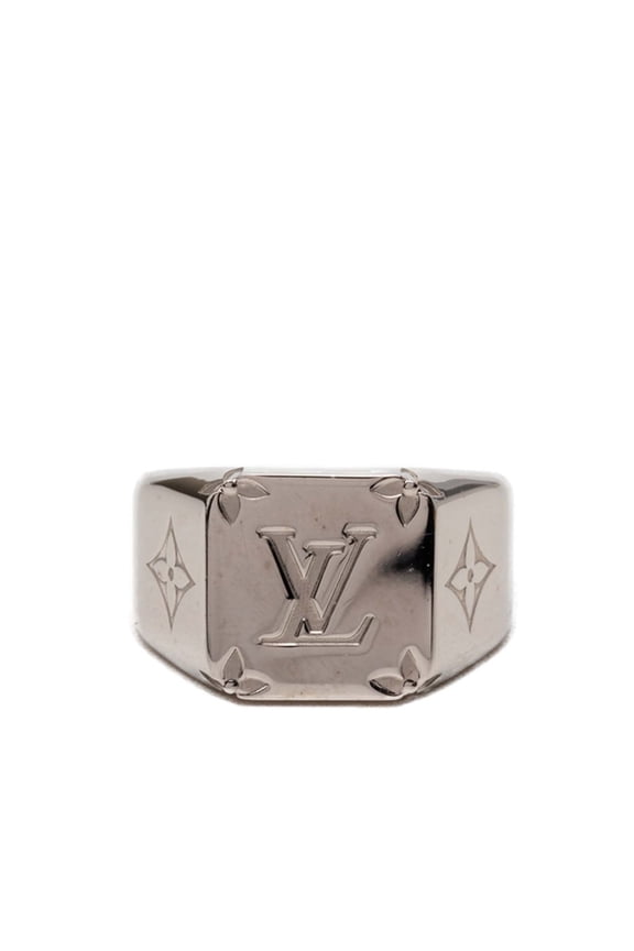 Pre-Owned Louis Vuitton Monogram Signet Ring, Size #M, M62487, Silver Metal, Men's, LOUIS...