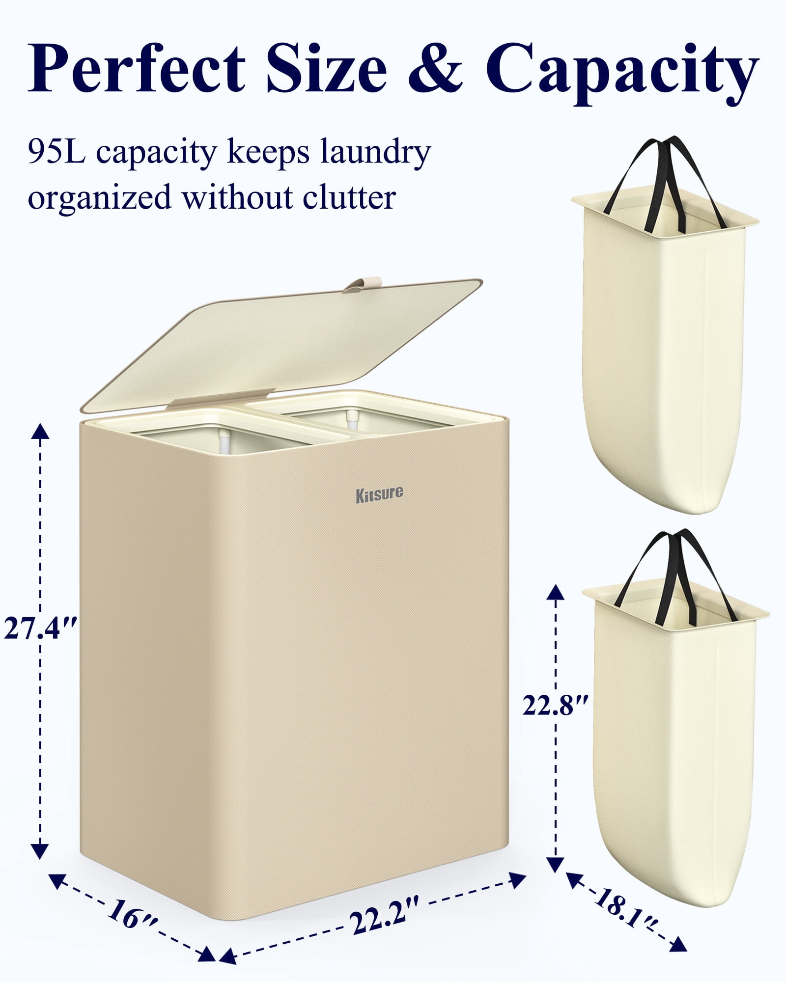 Kitsure 100L Laundry Basket with Lid, 2-Compartment Laundry Hamper with Removable Laundry Bags, White Clothes Hamper for Bathroom, Bedroom & Laundry Room