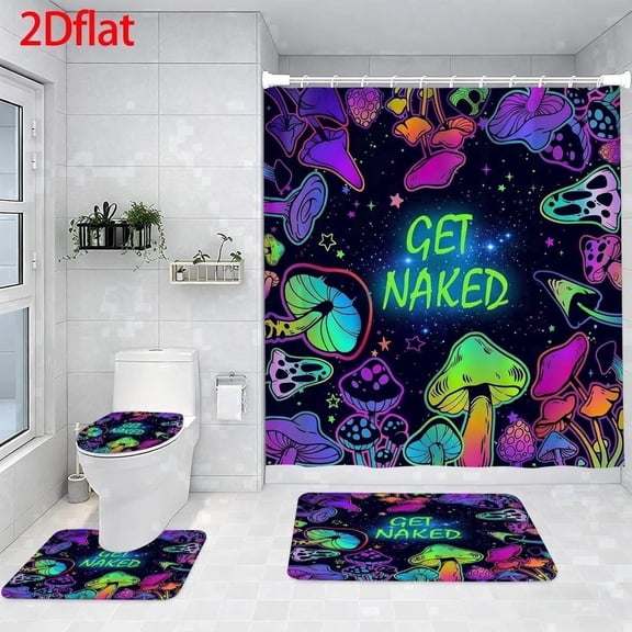 Neon Mushroom Shower Curtain Set, 71 x 71 inches, Waterproof Polyester, 12 Hooks