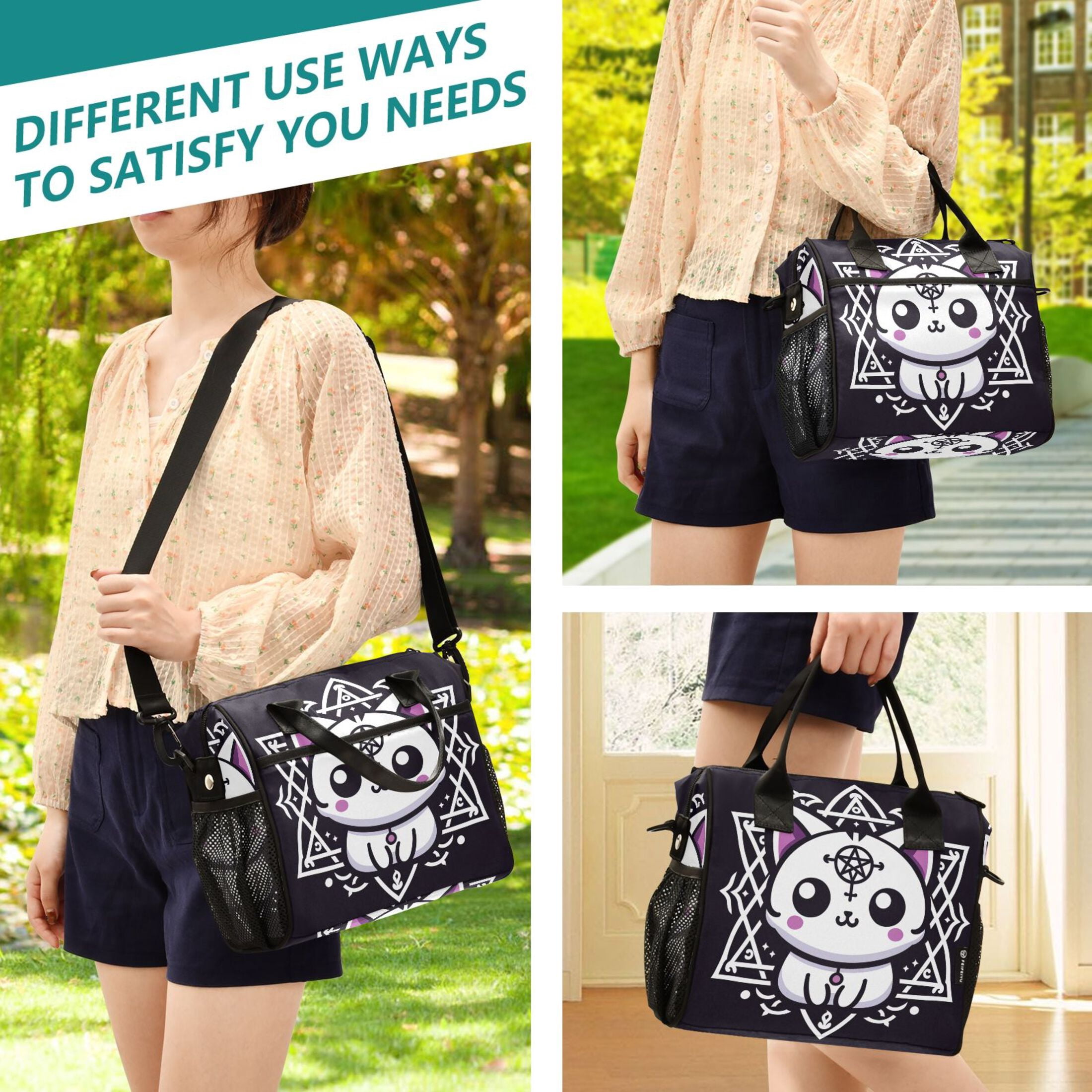 Lunch Bag Insulated Lunch Box Leakproof Reusable Cooler Tote Adjustable Shoulder Strap for Men Women Cute Cat with Hexagram 12L