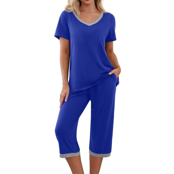 Womens Pajamas Set Short Sleeve V Neck Top with Capri Pants with