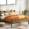 thumbnail image 2 of Queen Bed Frame with USB, Metal Platform Bed with Storage Headboard for Adult Teen, Vintage Brown, 2 of 7