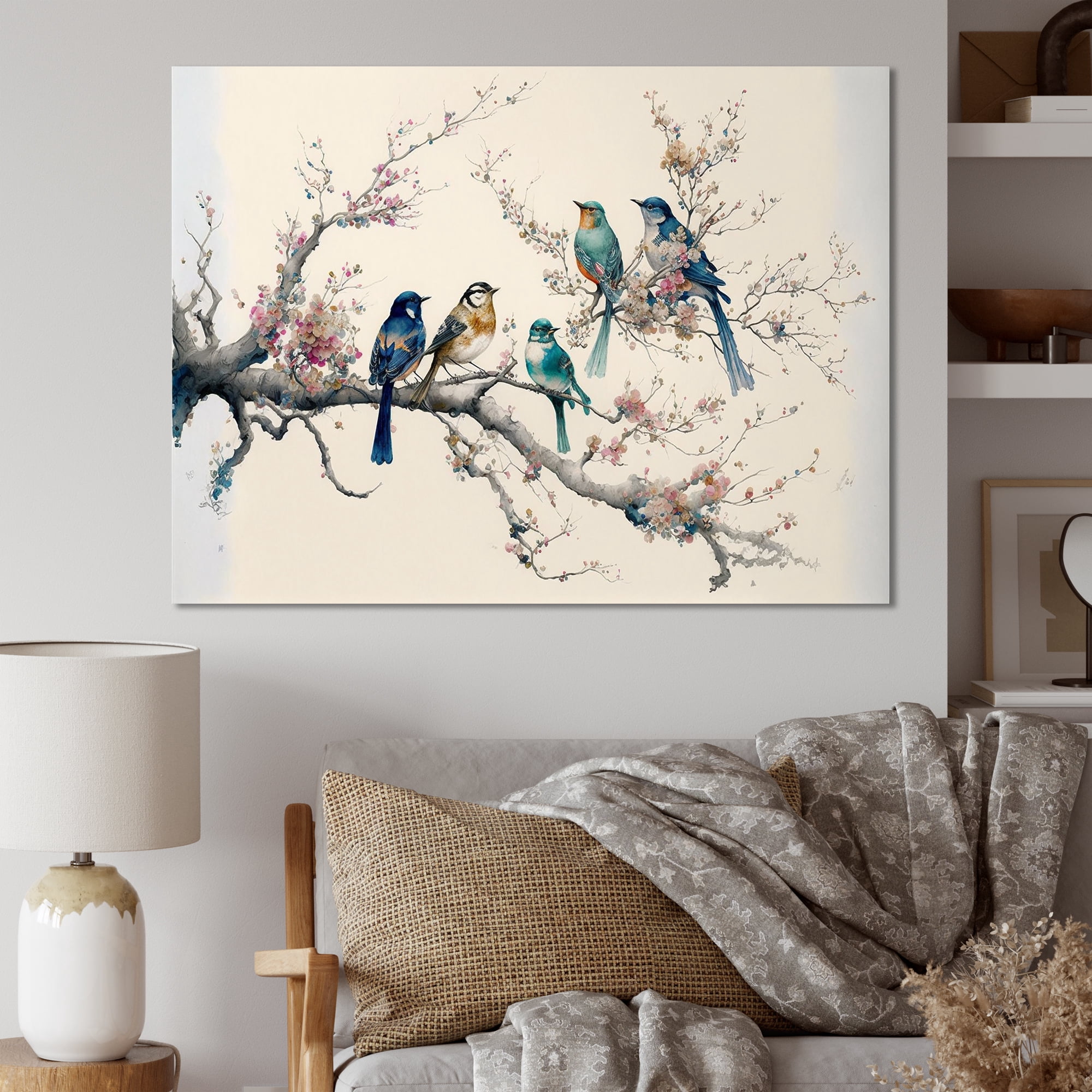 Designart Multicolor Birds On Plum Blossoms Tree I Canvas Wall Art