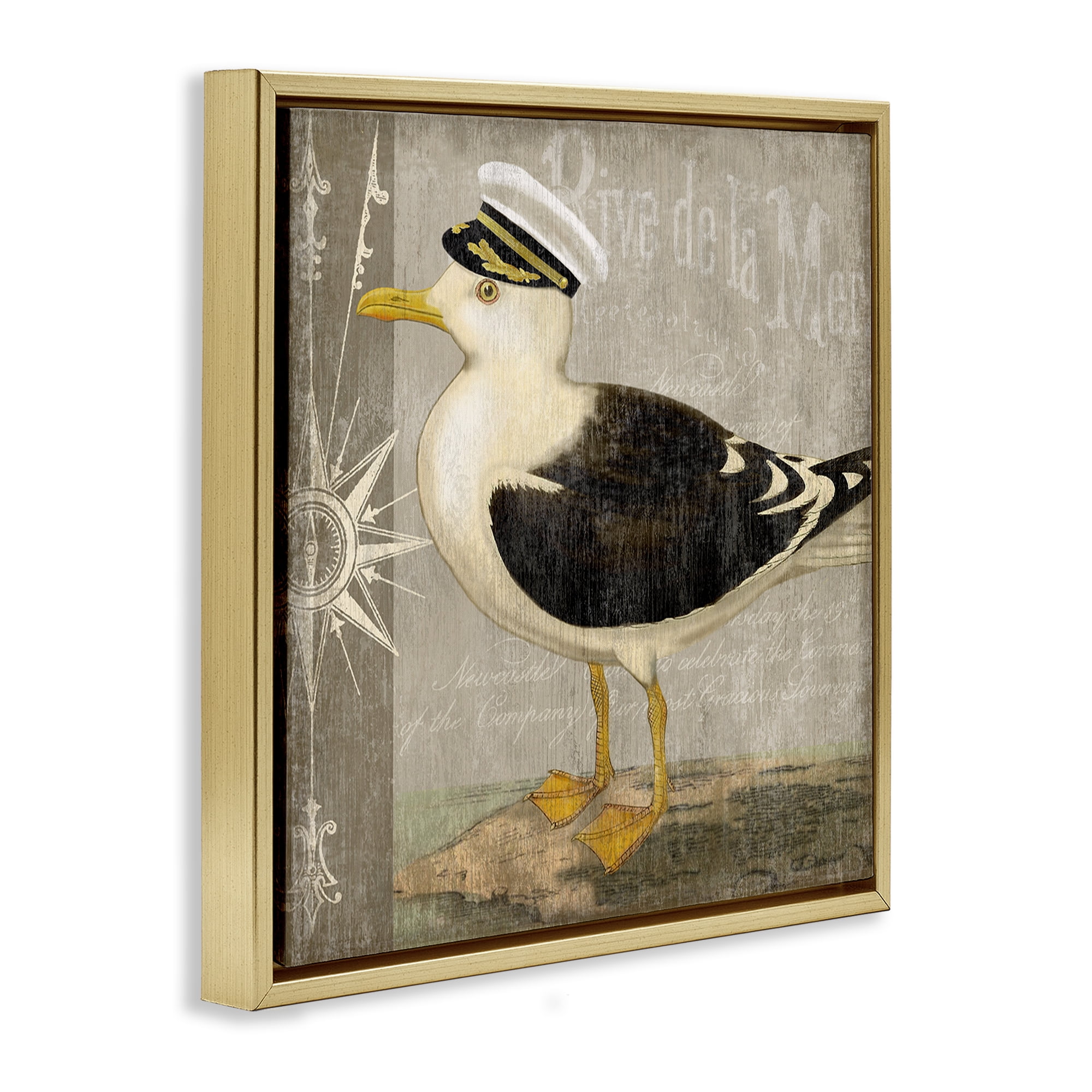 Stupell Industries Little Maritime Seagull Gold Framed Floater Canvas Wall Art, design by Suzanne Nicoll